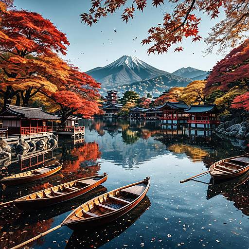 Autumn Lake with Traditional Japanese Boats