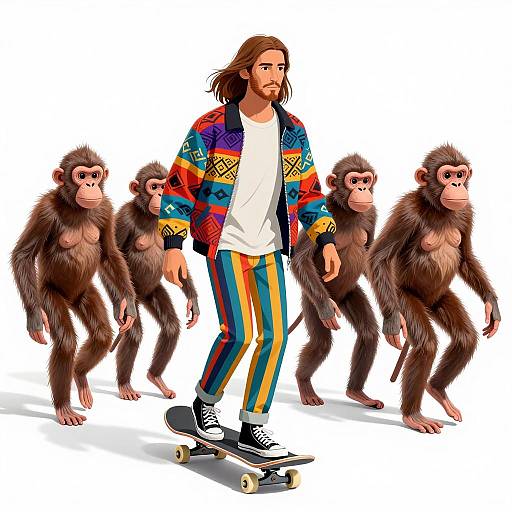 Colorful Skateboarding Scene with Monkeys