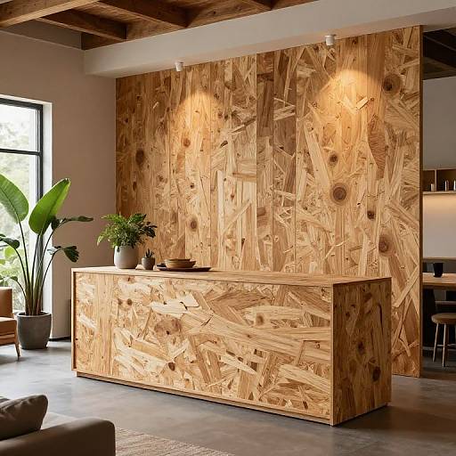 Photograph of a modern reception desk with a textured, reclaimed wood facade, illuminated by two wall-mounted lights, set in a bright, plant-filled office