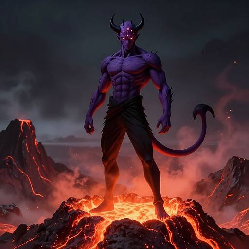 Digital artwork of a muscular, purple-skinned demon with glowing eyes, horns, and a spiked tail, standing on a fiery, lava-filled mountain peak
