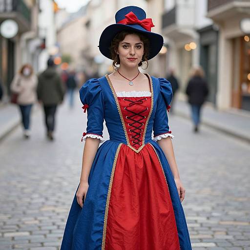 Photograph of a woman in a blue and red Renaissance-style dress with corset, white lace trim, and a matching hat, standing on a cob