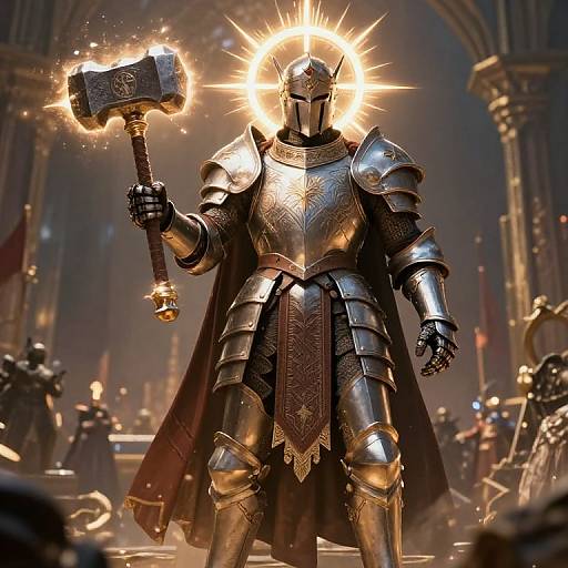 Digital art of radiant, armored knight holding glowing hammer in grand, dark cathedral. Sunburst halo surrounds helmet, detailed metal armor gleams, dark cloak