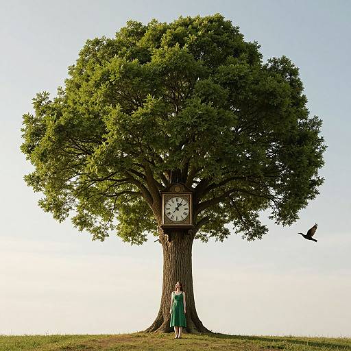 Photograph of a large green tree with a clock face in its trunk, a girl in a green dress standing at its base, and a bird flying