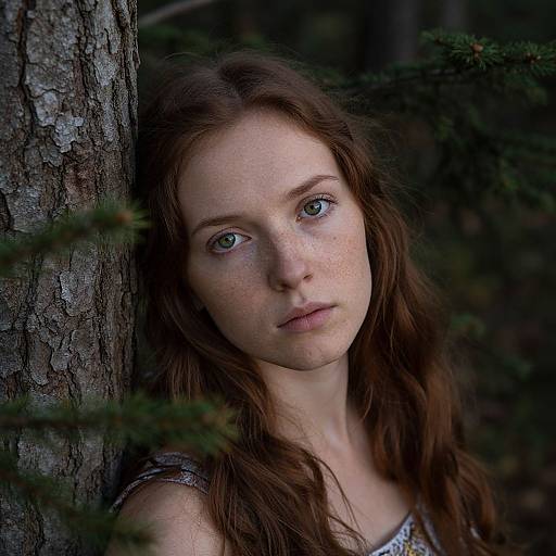 Photograph of a young woman with freckles, long brown hair, green eyes, wearing a sleeveless top, leaning against a tree in a
