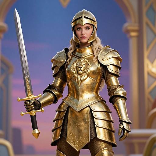 Digital art of a blonde woman in golden lion-emblazoned armor, holding a sword, standing in a medieval castle courtyard.