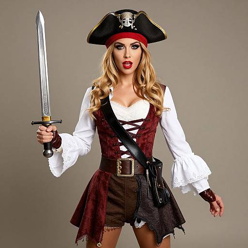 Photograph of a blonde woman in a pirate costume with a black tricorn hat, red headband, white shirt, brown vest, and skirt,