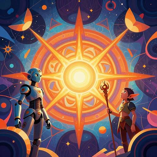 Digital art: Two characters, a robotic figure and a humanoid with elf ears, stand before a glowing, star-like celestial map in a vibrant, cosmic