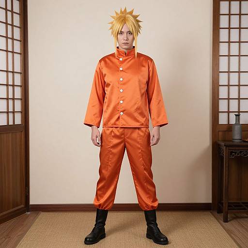 Photograph of a man in a detailed orange Naruto cosplay outfit, spiky blonde wig, standing in a traditional Japanese room.