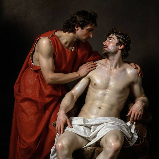 Photorealistic digital painting of a muscular, dark-haired man in a red robe gently touching a shirtless, bearded man with a white cloth,