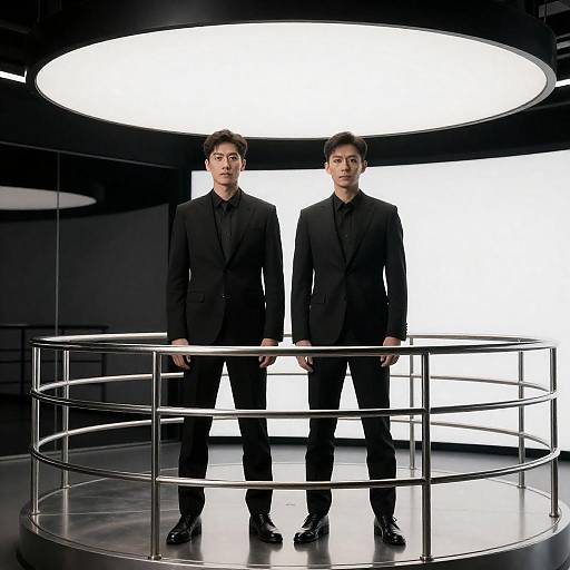 Men in Suits on Metallic Platform