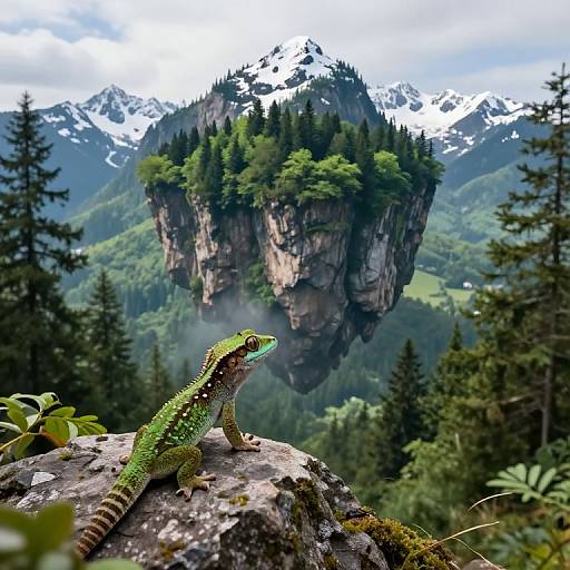 Photograph of a vibrant green lizard on a rocky ledge, overlooking a floating forest-covered mountain, with snow-capped peaks and a cloudy sky in the