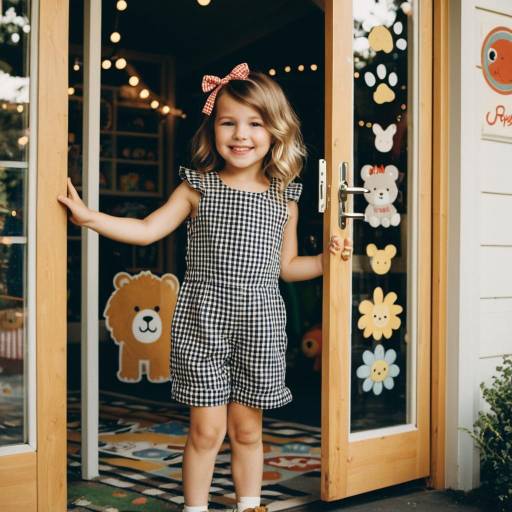 Smiling Toddler Girl in Gingham Romper at Playroom Door