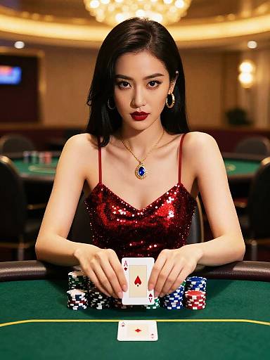 Digital rendering of an attractive Asian woman with long black hair, wearing a red sequined dress, holding poker cards and chips in a luxurious casino. Ch