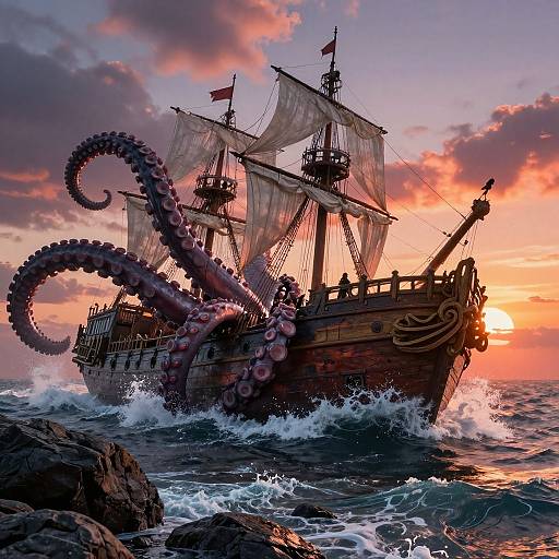 Digital artwork of a wooden pirate ship with large tentacles emerging from its side, sailing through turbulent waves at sunset.