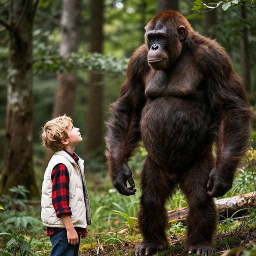 Boy and Ape Encounter in Forest