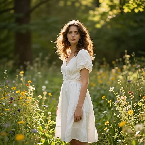 Photograph of a young woman with wavy brown hair, wearing a white dress, standing in a sunlit meadow of wildflowers and greenery