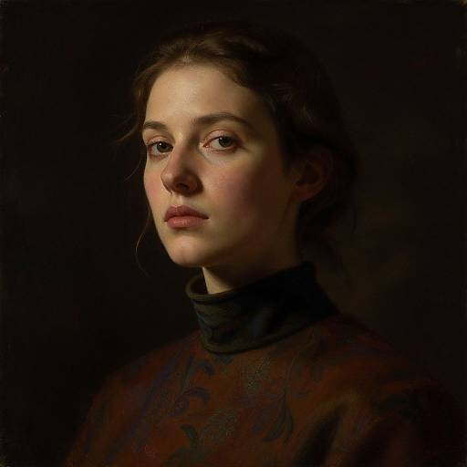 Photorealistic portrait of a young woman with fair skin, brown wavy hair, and brown eyes, wearing a high-necked dark brown patterned