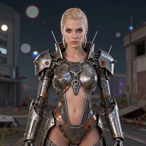 CGI image of a blonde, pale-skinned woman in futuristic, metallic armor with exposed breasts, standing in a neon-lit, dystopian urban