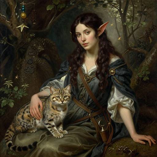 Digital painting of a fair-skinned, long-haired elven woman with pointed ears, wearing a blue cloak, sitting in a dark forest with a curious