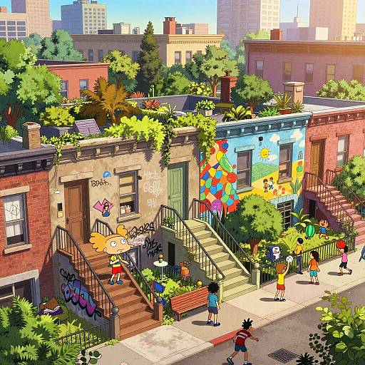 Colorful digital drawing of a vibrant urban street with graffiti-covered brick buildings, lush greenery, diverse children playing, and city skyline in background.