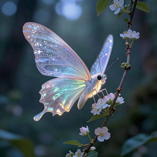Photograph of a glowing, iridescent butterfly with sparkling wings perched on a blooming branch, illuminated by soft, blue light.