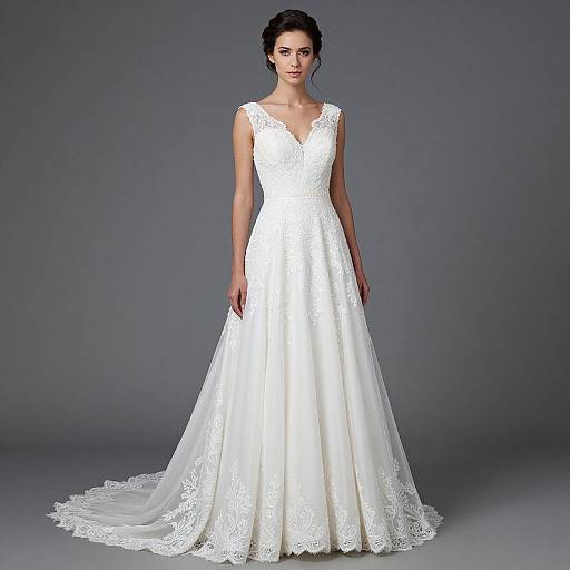 Photograph of a young woman with dark hair in an elegant, white lace wedding gown with a deep V-neck and sleeveless design, standing against a