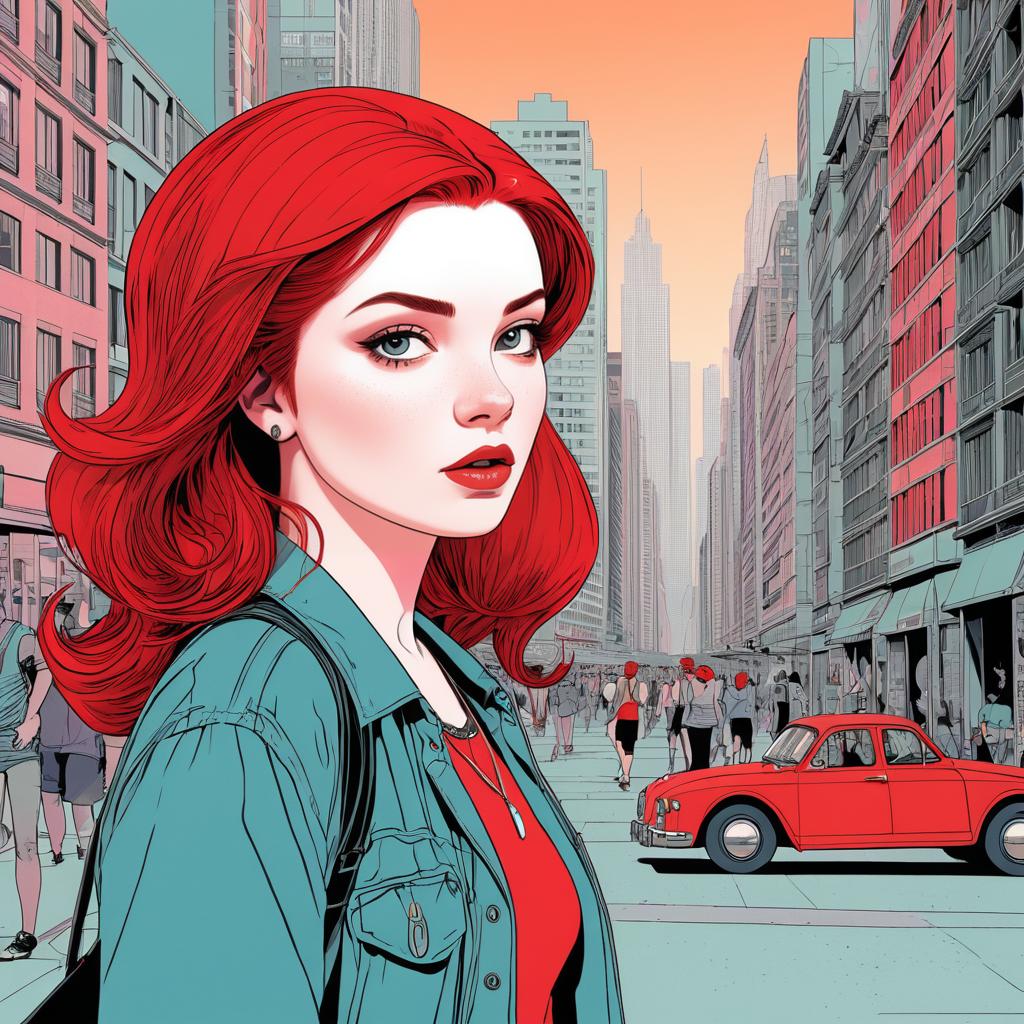 Dramatic City Scene with Red-haired Character