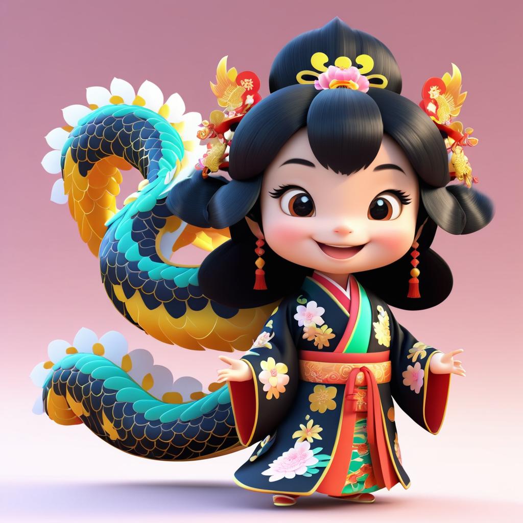 Adorable 3D Dragon in Kimono Animation