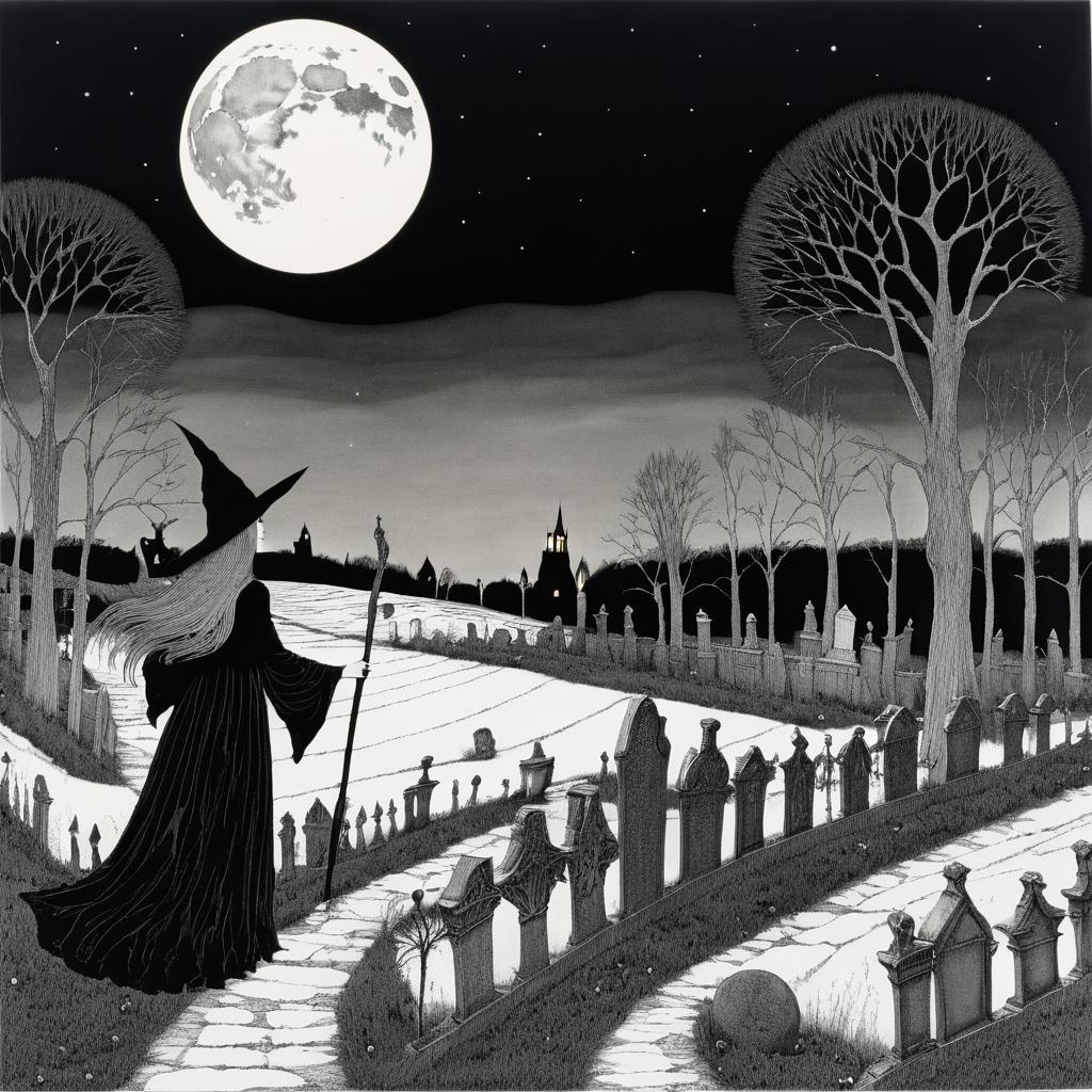 Moonlit Graveyard Witch by Edward Gorey