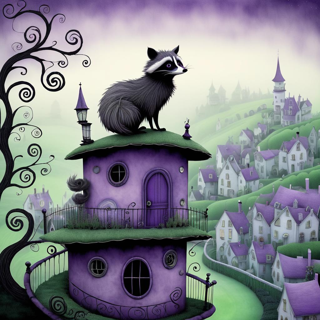 Whimsical Raccoon Overlooking Eerie Village