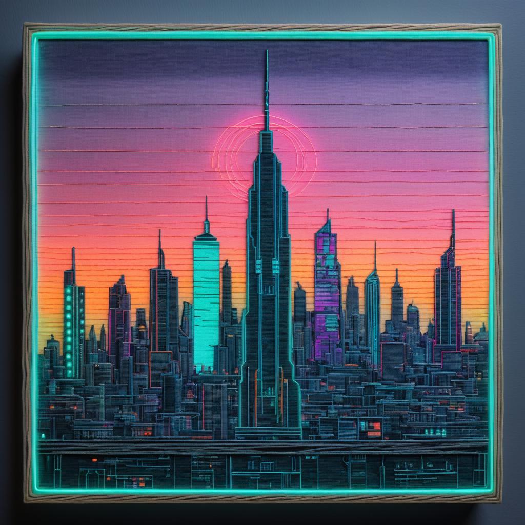 Retro Cyberpunk Skyline Embroidery Art