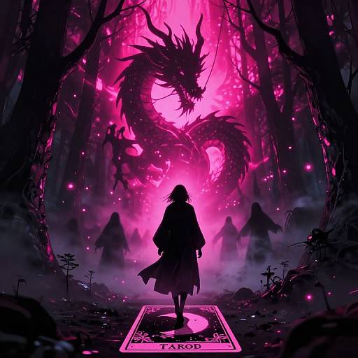 Digital art: Silhouetted figure with long hair stands on glowing pink 