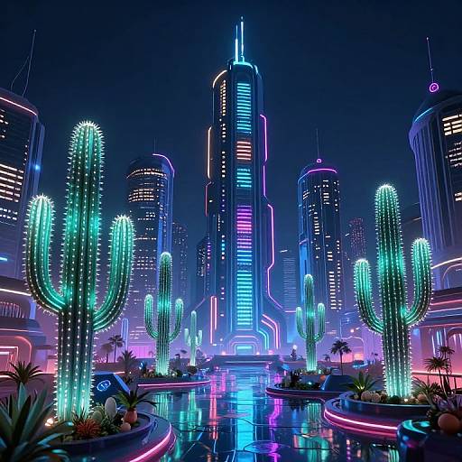 Neon-lit futuristic cityscape featuring glowing cacti and towering skyscrapers with vibrant blue, purple, and pink lights, set against a