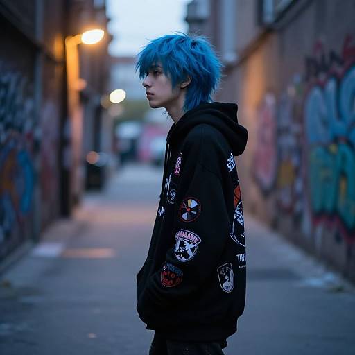Photograph of a young man with blue hair, wearing a black hoodie adorned with colorful patches, standing in a graffiti-covered alley at dusk.