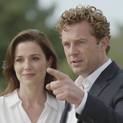 Man Pointing Outdoors with Woman Smiling