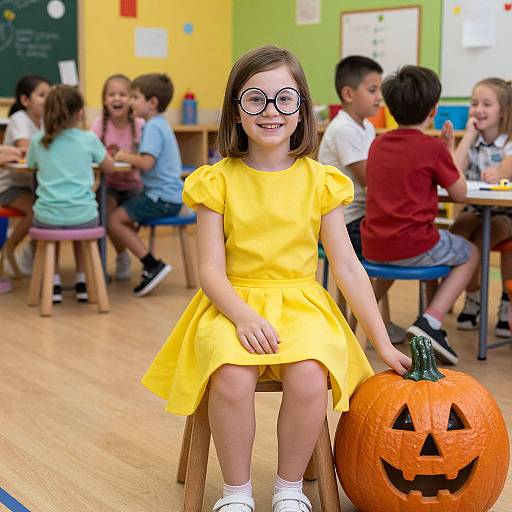 Girl in Yellow Costume with Pumpkin at School