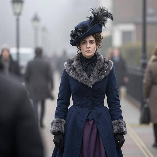 Woman in Victorian Attire on Foggy Street