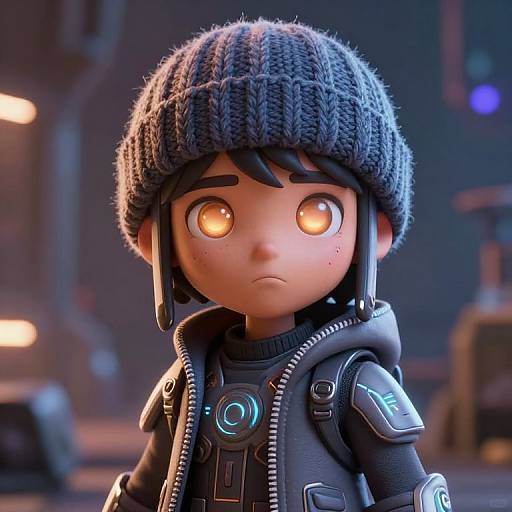 CGI image of a cute, anime-style character with glowing orange eyes, wearing a knitted gray beanie, black jacket, and futuristic armor,