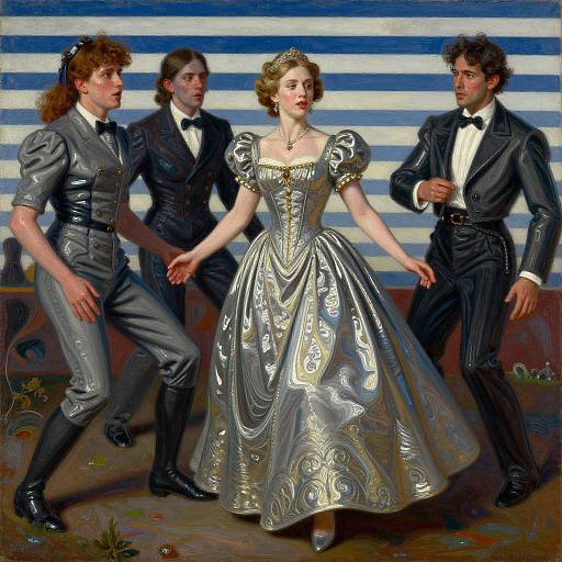 Oil painting of a fair-skinned woman in an ornate silver gown with puffed sleeves, flanked by three men in black tuxedos