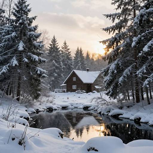 Photograph of a snowy forest with a dark wooden cabin, reflecting in a calm, snow-covered stream, at sunset.