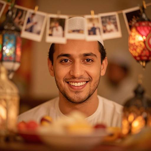 Photograph of a smiling Middle Eastern man with short black hair, white shirt, and a blurred background of photos, candles, and colorful lanterns.
