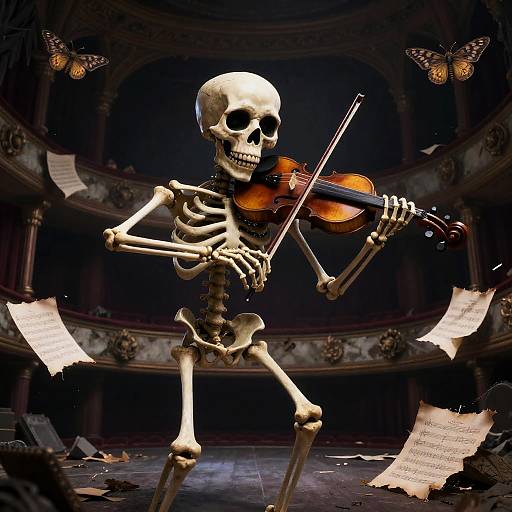 Skeletal Violinist in Crumbling Theater