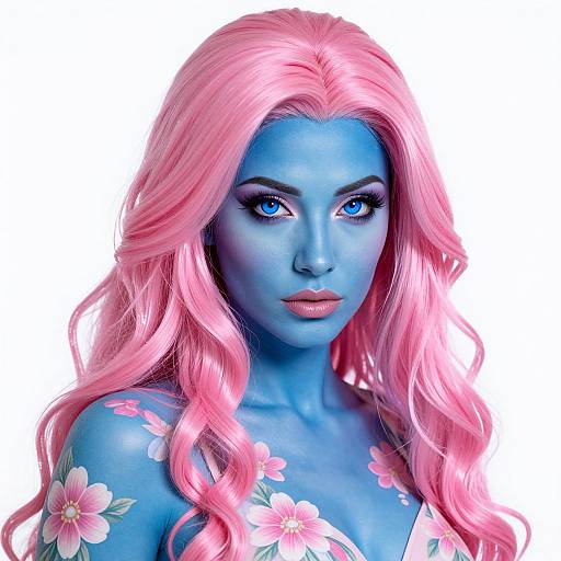 Photograph of a blue-skinned woman with long, wavy pink hair, bright blue eyes, and pink floral tattoos, set against a white background