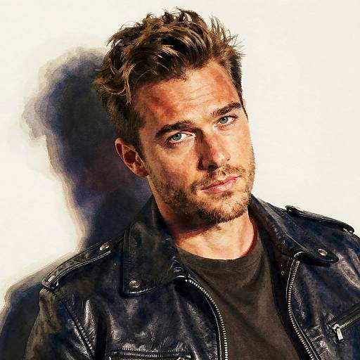 Photorealistic digital portrait of a handsome, brown-haired, blue-eyed man with a beard, wearing a black leather jacket and black shirt, against a
