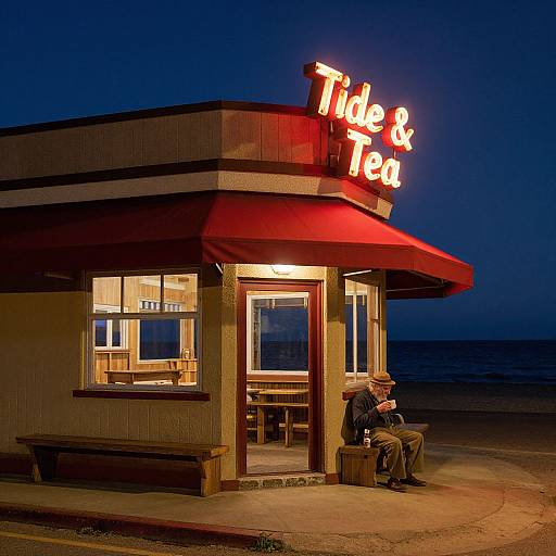 Photograph of a nighttime scene showing a small, brightly lit 