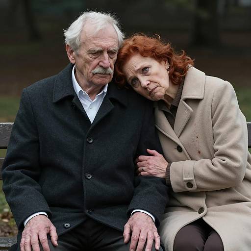 Sad elderly couple on bench with bloodstained coat