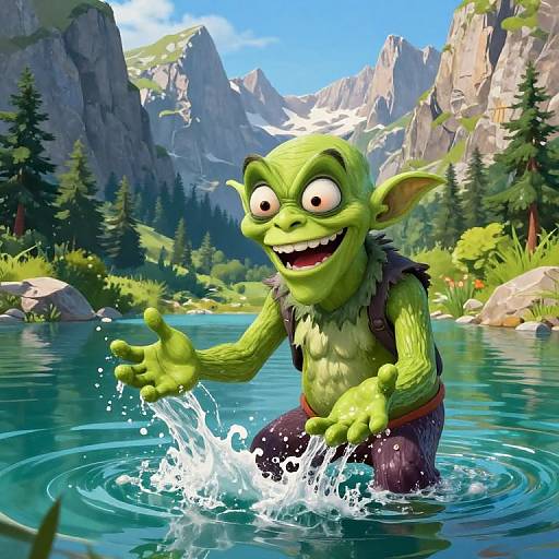 Grimmace Splashing in Mountain Lake