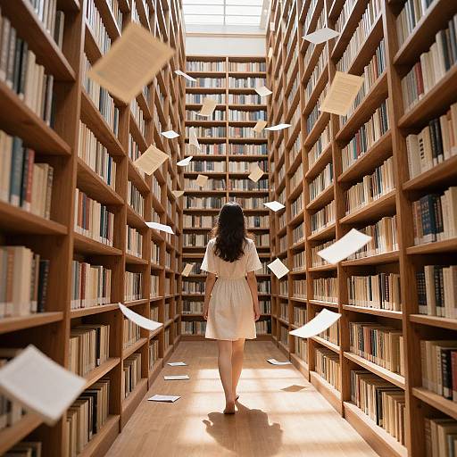 Photograph of a woman in a white dress walking through a library aisle with floating papers, surrounded by wooden bookshelves.