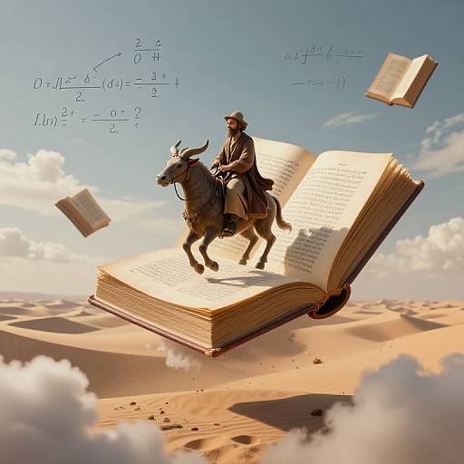 Photograph-style digital art: Cowboy riding horse on giant open book, floating in desert sky with floating books and mathematical equations.