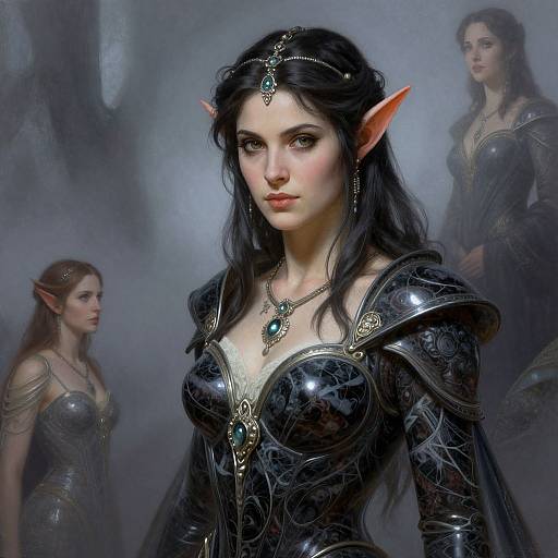 Digital fantasy artwork of three elven women with pointed ears, wearing intricate black armor and jewelry, with a misty, ethereal background.